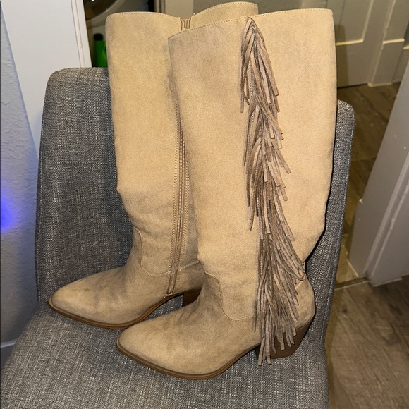 Tan Fringe Knee-High Boots - Picture 8 of 9